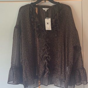 Moussy brown sheer animal print button front blouse.